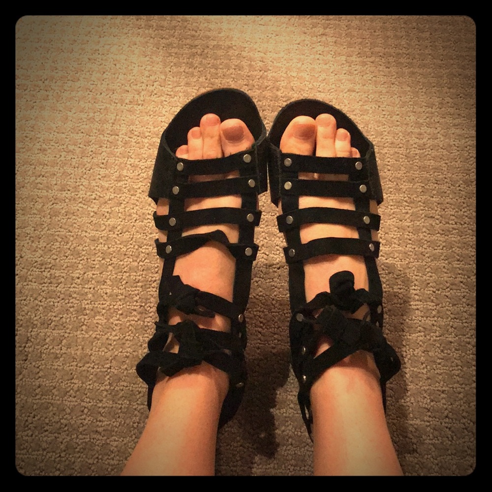 Cynthia Vincent black suede gladiator sandals.